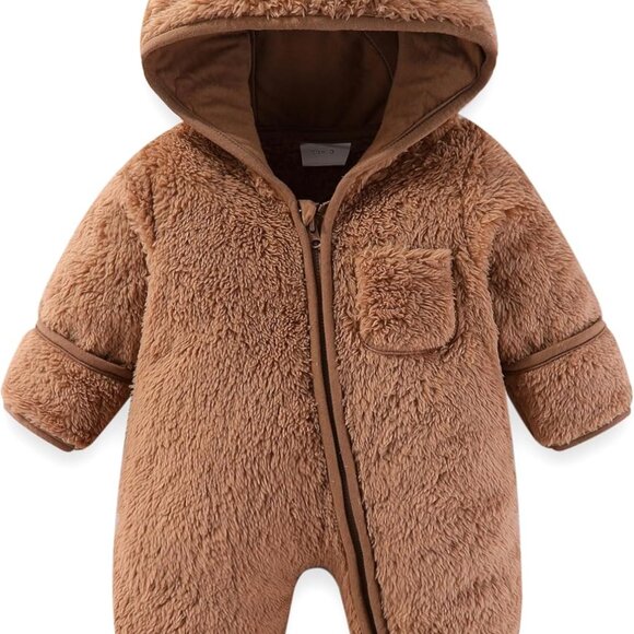Newborn Baby Bear Snowsuit with Fold-Over Mittens & Hooded Fleece Outfit - Picture 1 of 7